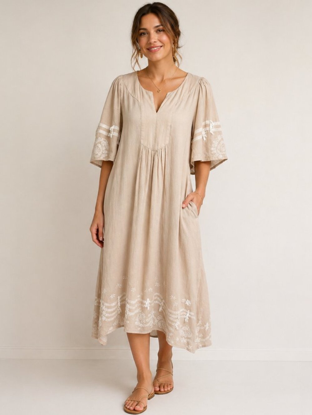 Tuckernuck M Beige Embroidered Cotton Maxi Dress Coastal Boho Flutter Sleeve